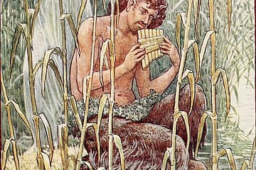 Pan sitting by the water playing his pipes, near a nymph