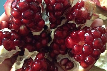An opened pomegranate full of juicy seeds.