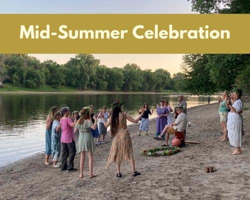 people dancing on bank of river with text "Mid-Summer Celebration"