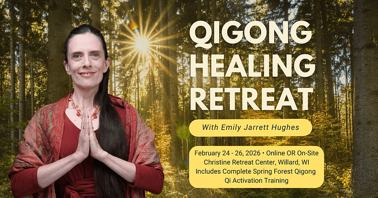 Image of Emily over the image of a forest with the words "Qigong Healing Retreat"