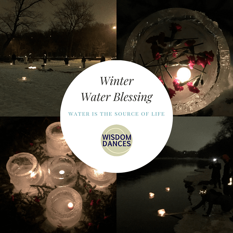 Collage of images showing ice lanterns and group launching lanterns into winter river at night